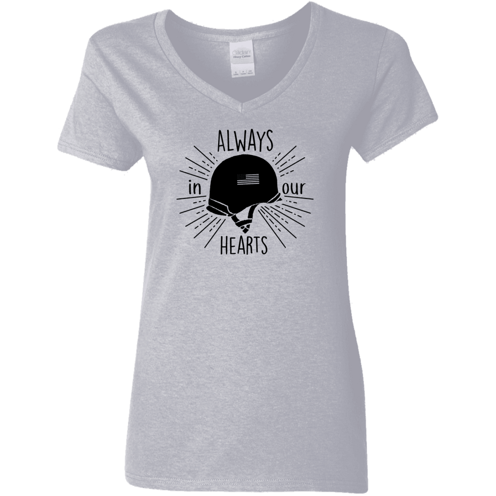Designs by MyUtopia Shout Out:Always In Our Hearts Army Helmet with Flag Cotton Ladies V-Neck T-Shirt,S / Sport Grey,Ladies T-Shirts