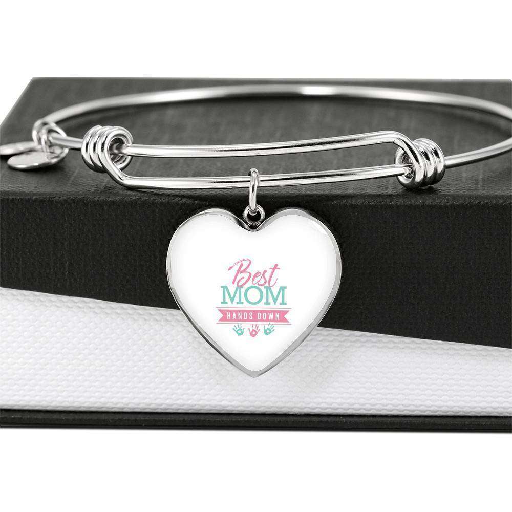 Designs by MyUtopia Shout Out:Best Mom Hands Down Engravable Keepsake Bangle Heart Bracelet - White