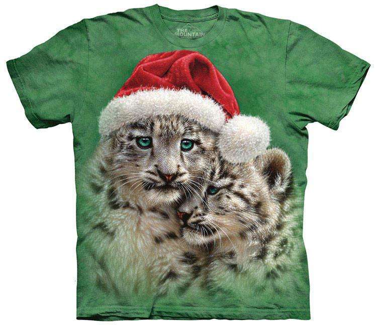 Designs by MyUtopia Shout Out:Christmas Playmates Festive Santa Snow Leopards By The Mountain Tee Shirt,Short Sleeve / Adult Small / Green,Adult Unisex T-Shirt
