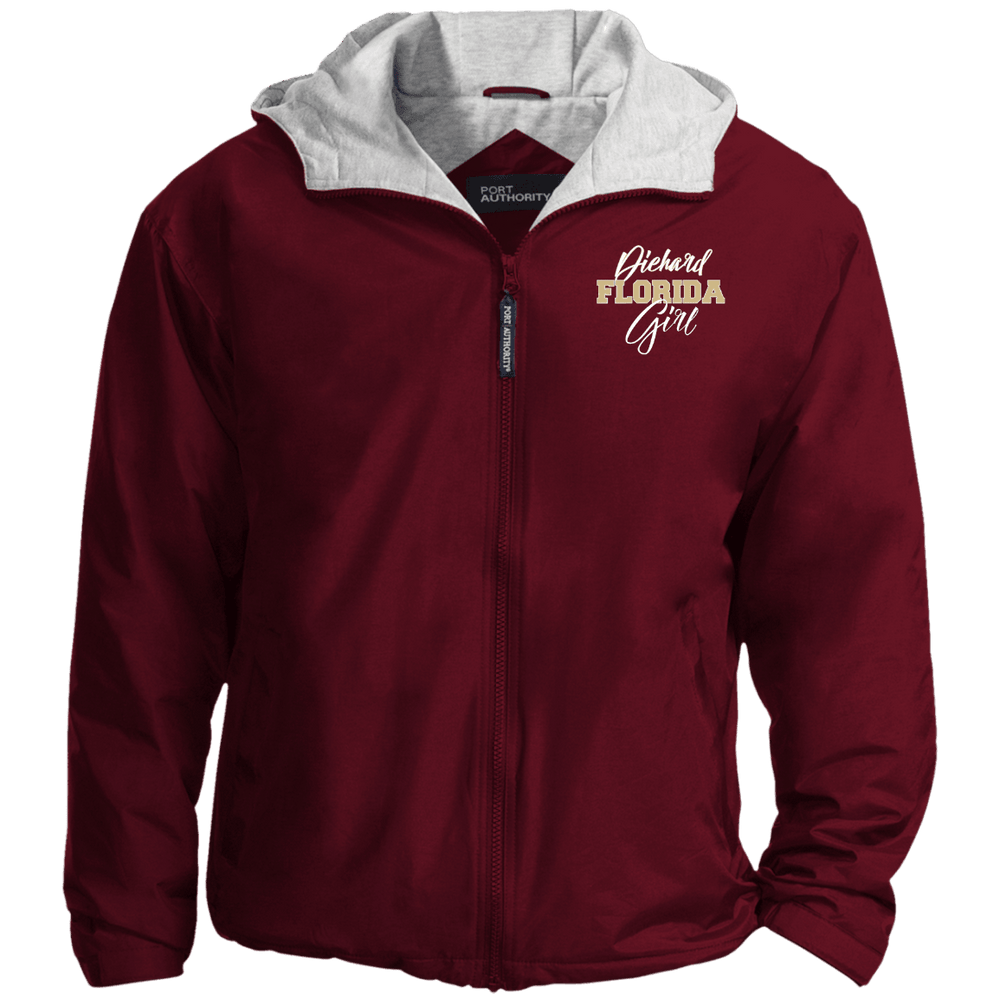 Designs by MyUtopia Shout Out:Diehard Florida Girl Embroidered Team Jacket Garnet,Maroon/Light Oxford / X-Small,Jackets