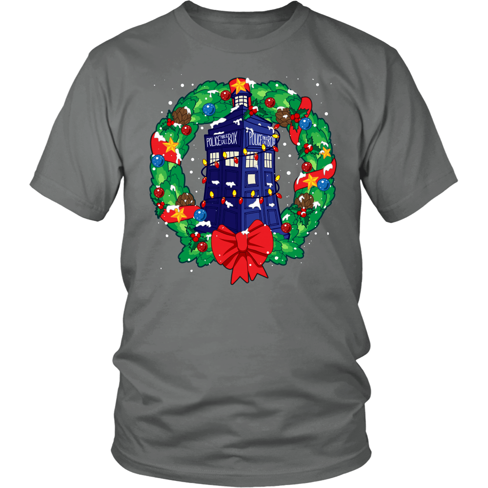 Designs by MyUtopia Shout Out:Dr Who Christmas Wreath,District Unisex Shirt / Grey / S,Adult Unisex T-Shirt
