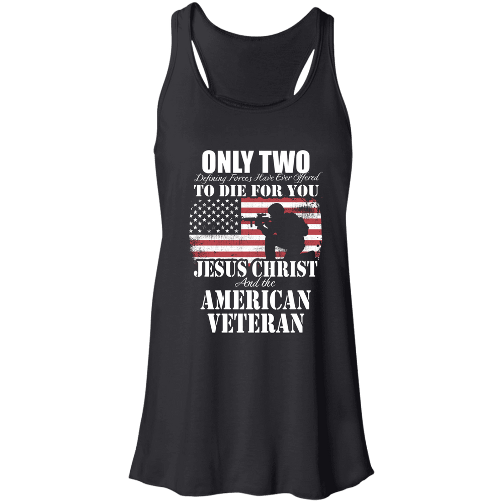Designs by MyUtopia Shout Out:Jesus Christ & The American Veteran Ladies Flowy Racerback Tank,X-Small / Black,Tank Tops