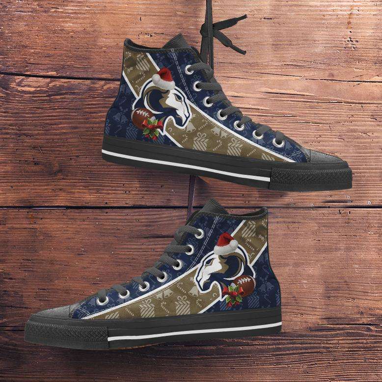 Designs by MyUtopia Shout Out:Los Angeles Rams Christmas Football Pattern Canvas High Top Shoes,Men's / Mens US 5 (EU38) / Blue/Brown,High Top Sneakers