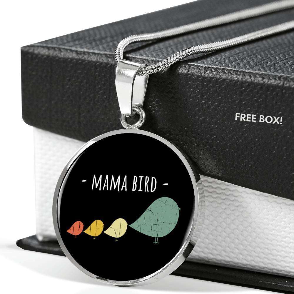Designs by MyUtopia Shout Out:Mama Bird Engravable Keepsake Round Pendant Necklace - Black