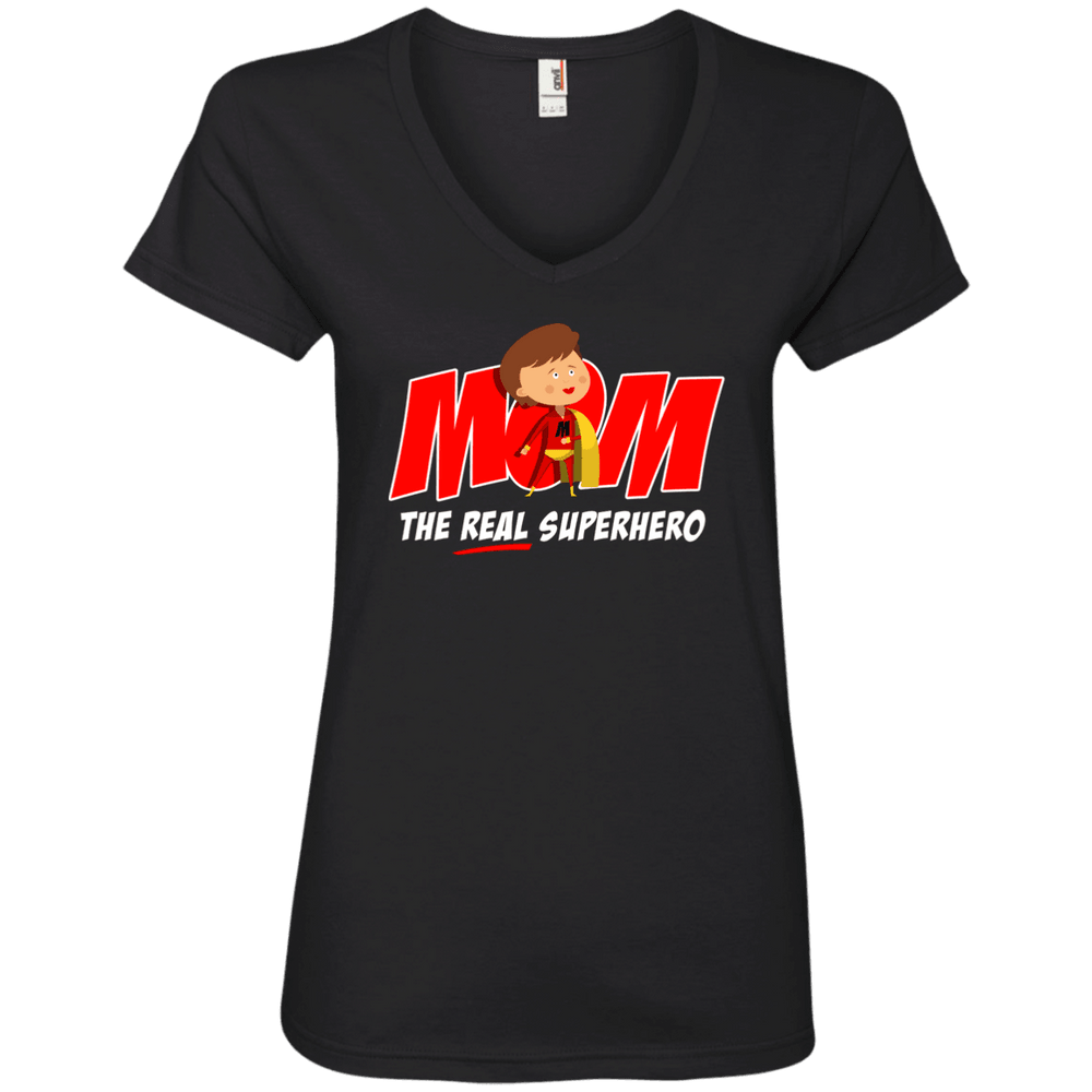 Designs by MyUtopia Shout Out:Mom The Real Superhero Ladies' V-Neck T-Shirt,Black / S,Ladies T-Shirts