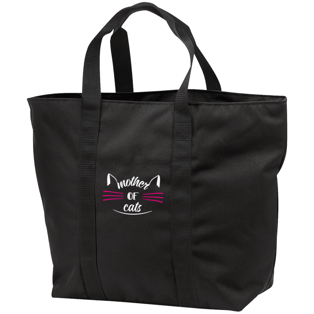 Designs by MyUtopia Shout Out:Mother of Cats Embroidered All Purpose Tote Bag w Zipper Closure and side pocket,Black/Black / One Size,Totebag