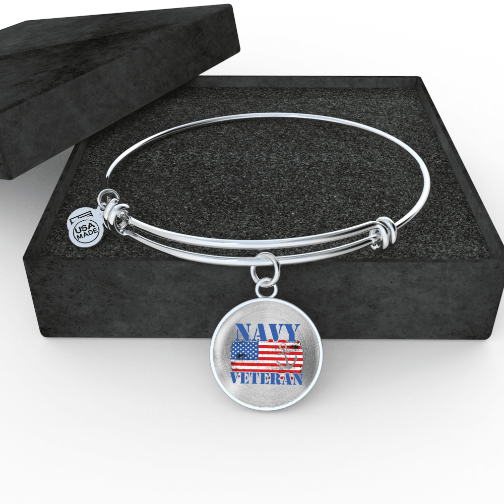Designs by MyUtopia Shout Out:Navy Veteran w. American Flag and Anchor Personalized Engravable Keepsake Bangle Bracelet,Silver / No,Wire Bracelet