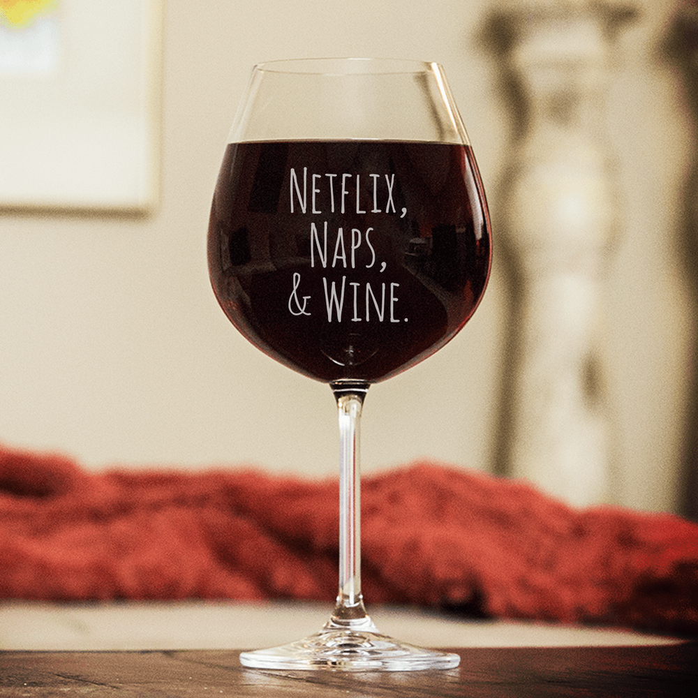 Designs by MyUtopia Shout Out:Netflix, Naps & Wine Engraved Wine Glass