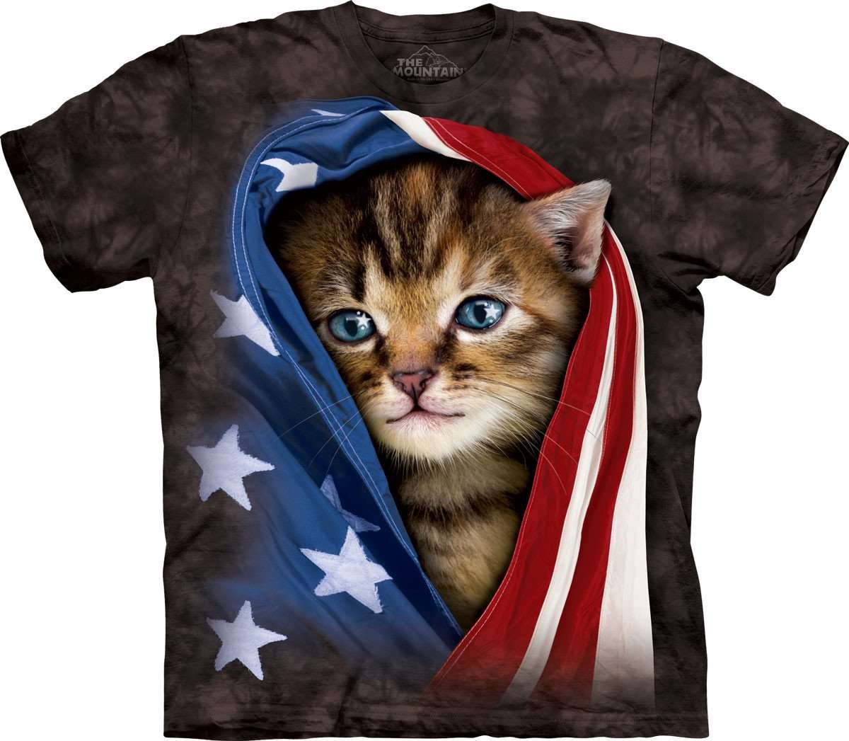 Designs by MyUtopia Shout Out:Patriotic Kitten Wrapped in an American Flag Tee Shirt by The Mountain,Small / Black,Adult Unisex T-Shirt