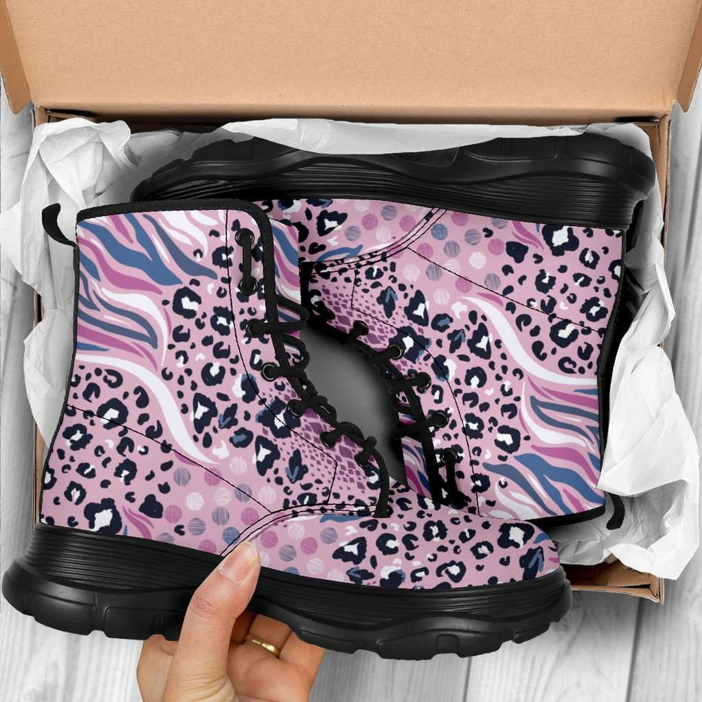 Designs by MyUtopia Shout Out:Pink Leopard and Tiger Print 7 Eye Walking Boots,Women's / Ladies US 5 (EU35),Lace-up Boots