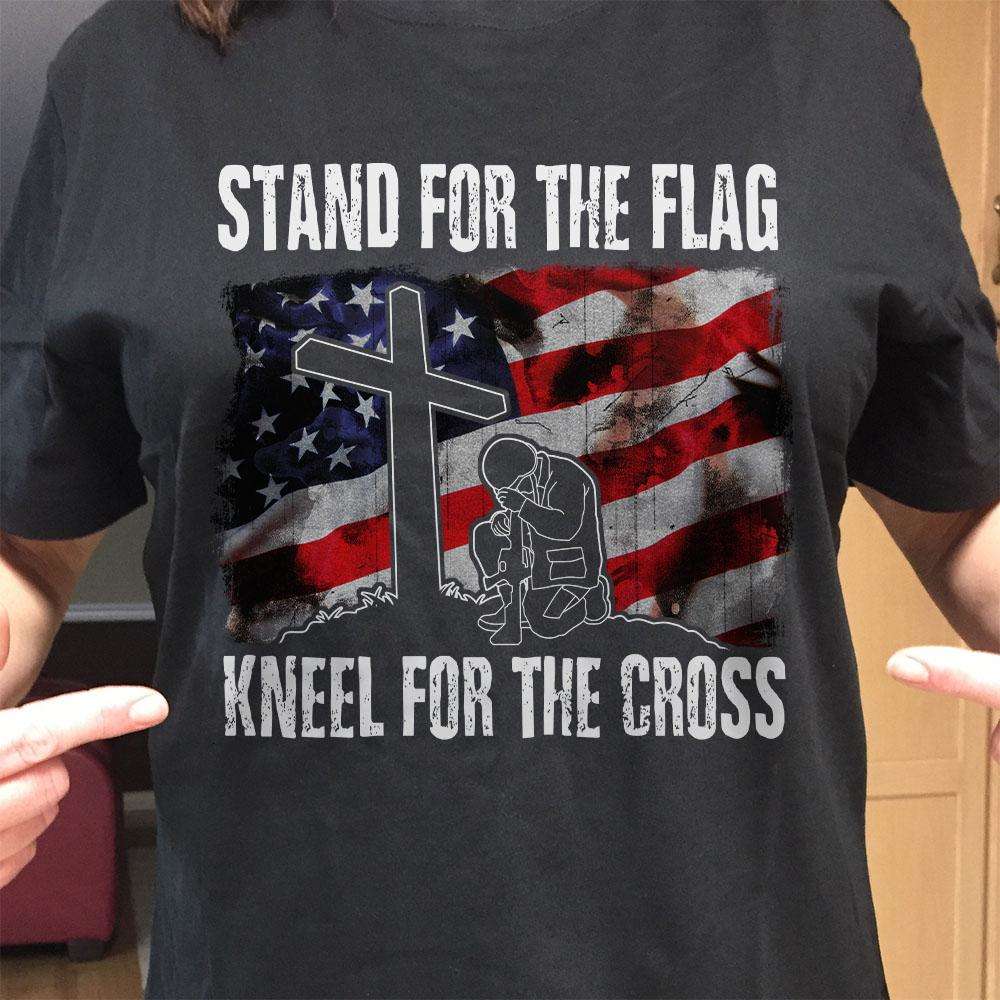 Designs by MyUtopia Shout Out:Stand For The Flag Kneel For The Cross Adult Unisex T-Shirt