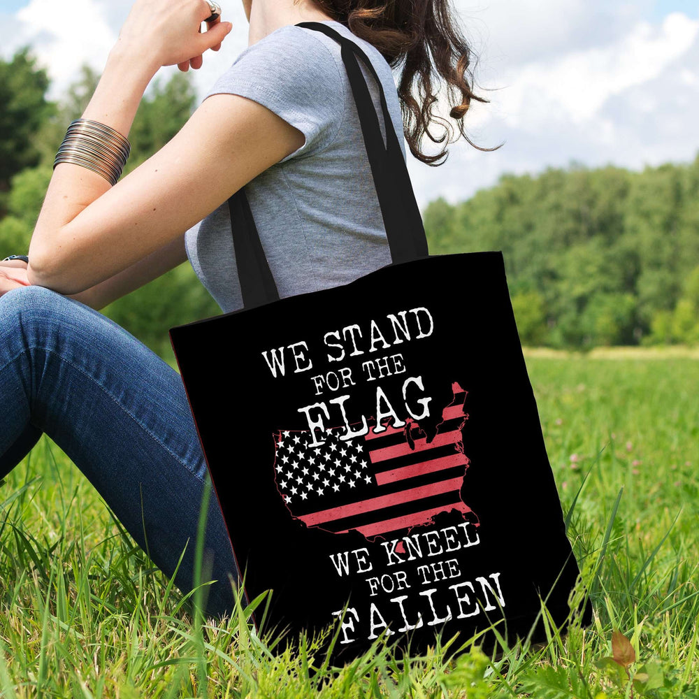 Designs by MyUtopia Shout Out:Stand for the Flag Kneel For The Fallen Flag in US Map Fabric Totebag Reusable Shopping Tote