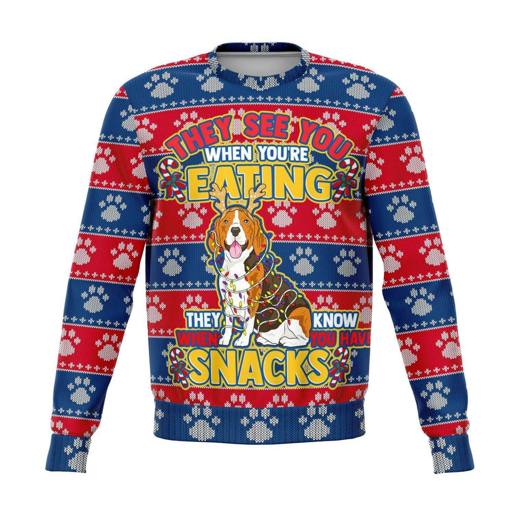 Designs by MyUtopia Shout Out:They See You When You are eating Snacks Beagle - 3D Ugly Christmas Sweater Holiday Fashion Sweatshirt,XS / Red/Blue,Fashion Sweatshirt - AOP