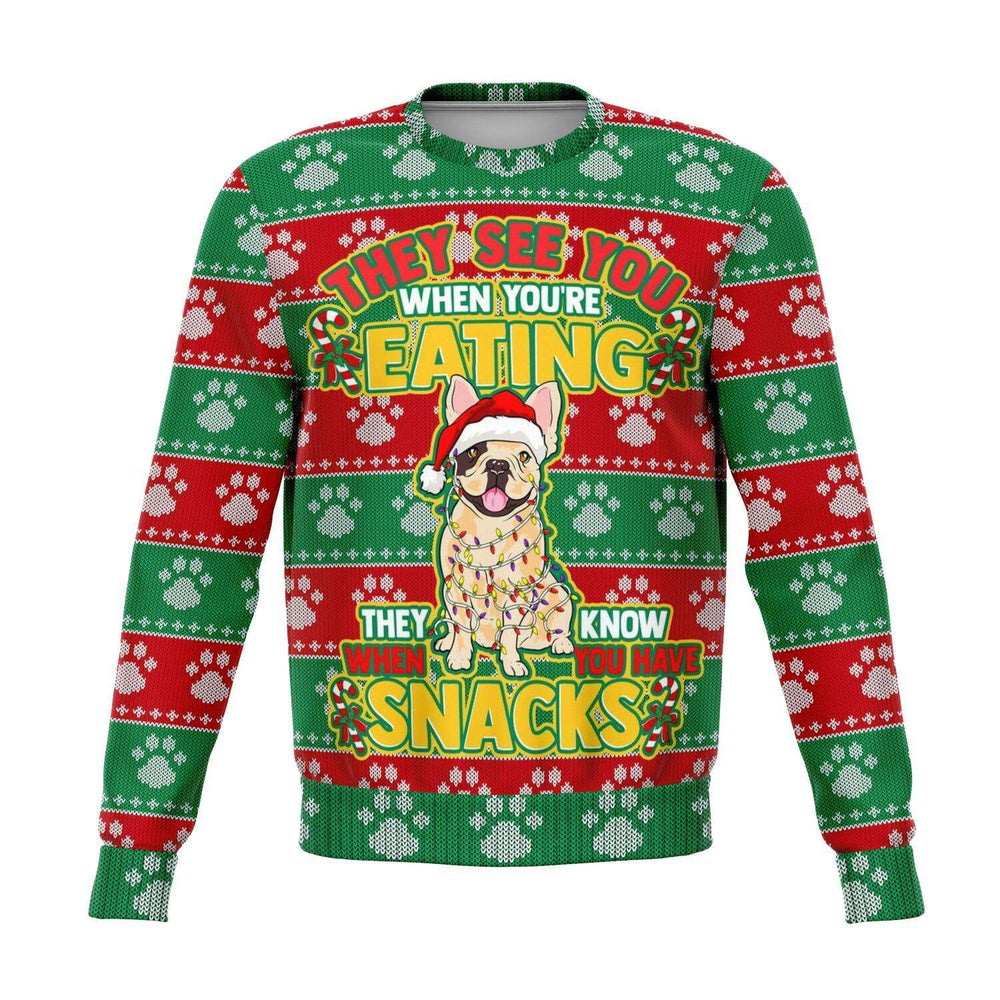 Designs by MyUtopia Shout Out:They See You When You're Eating Snacks French Bulldog - 3D Ugly Christmas Holiday Fashion Sweatshirt,XS / Multi,Fashion Sweatshirt - AOP