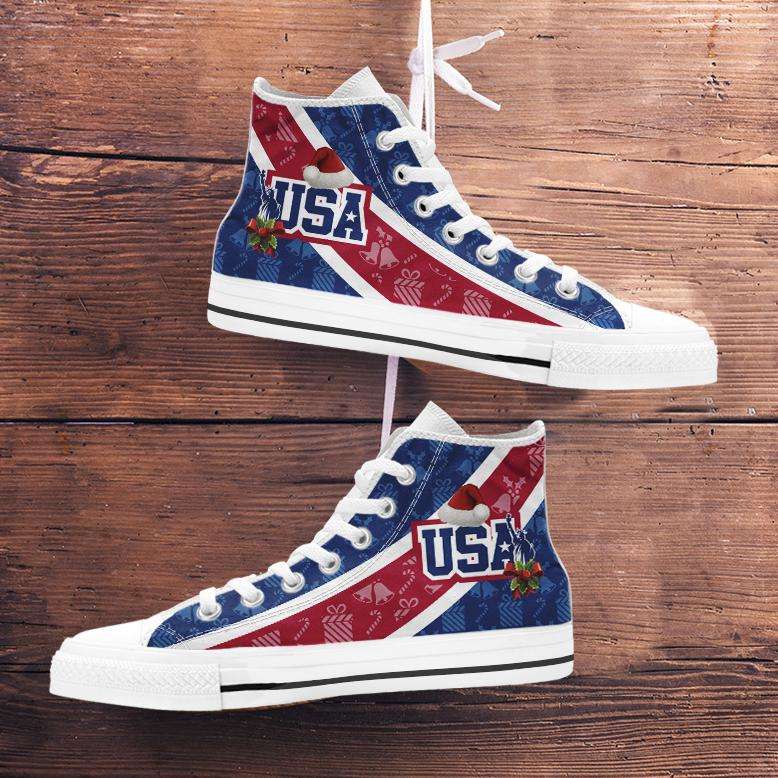 Designs by MyUtopia Shout Out:USA Christmas Football Pattern Canvas High Top Shoes,Men's / Mens US 5 (EU38) / Red/Blue/White,High Top Sneakers