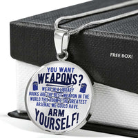 Load image into Gallery viewer, Designs by MyUtopia Shout Out:10th Doctor Who Books Are The Best Weapon Engravable Keepsake Round Pendant Necklace
