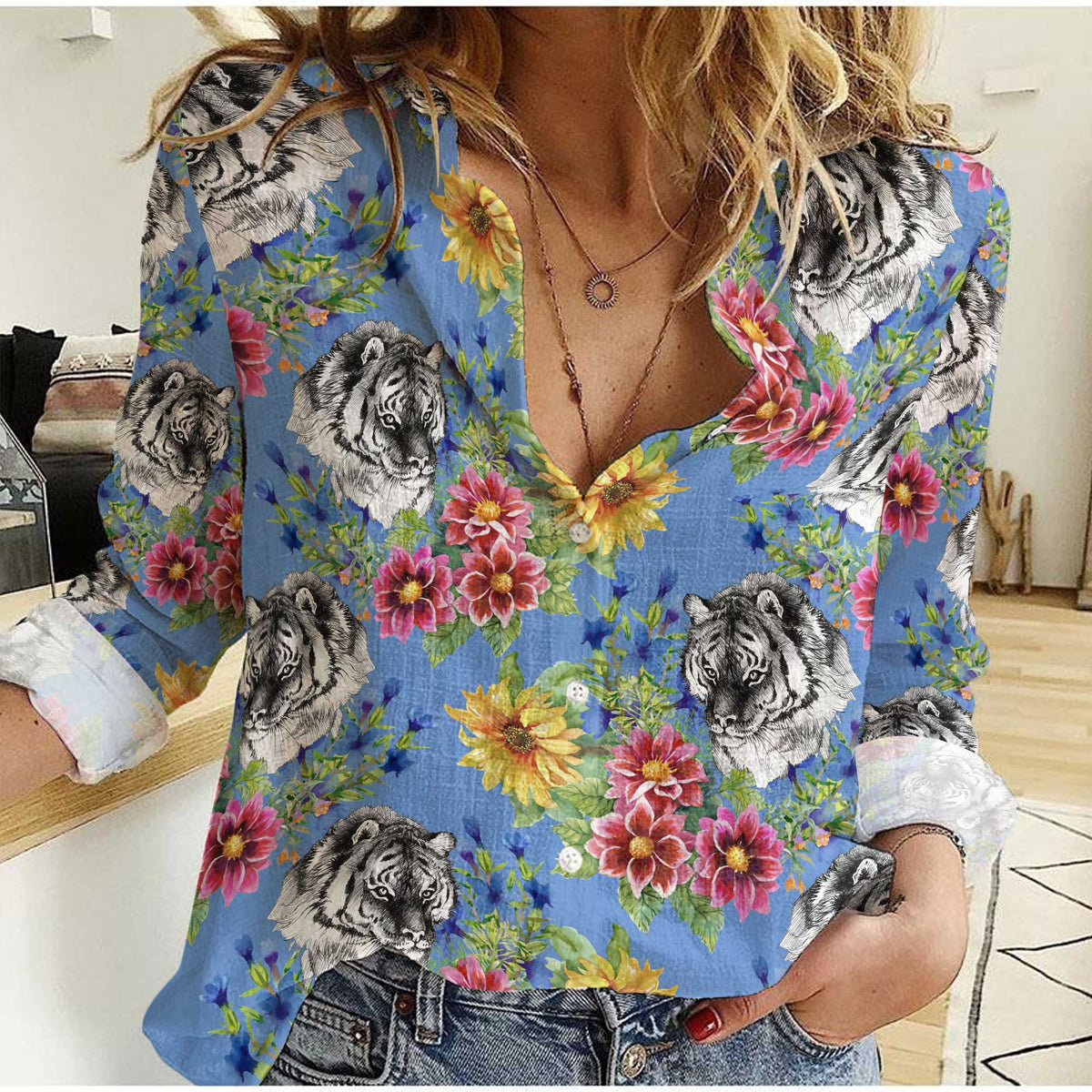 Flower Tiger Print Ladies Button Linen Dress Shirt