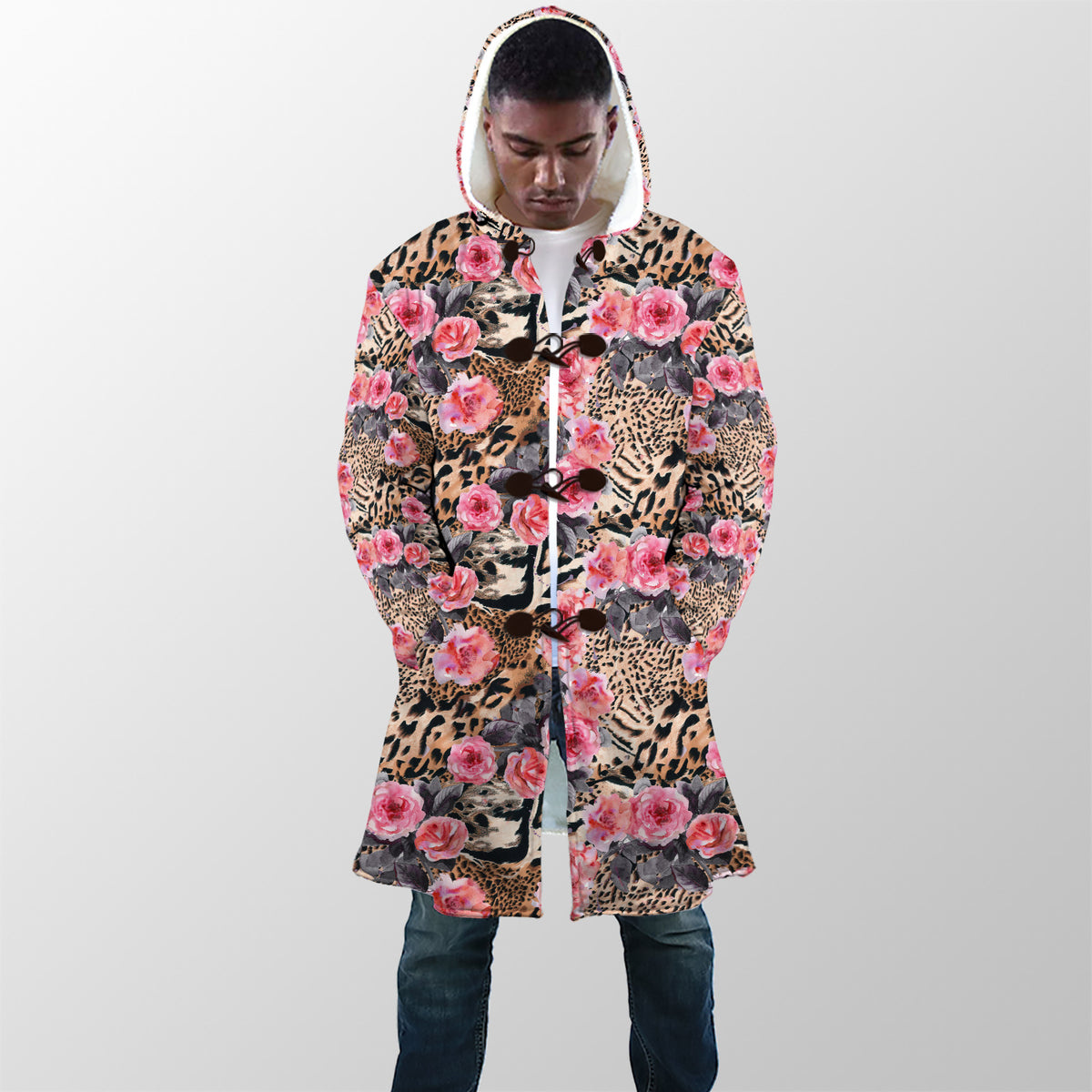 Jaguar animal print Floral Leopard Print hooded Long Jacket Cloak
