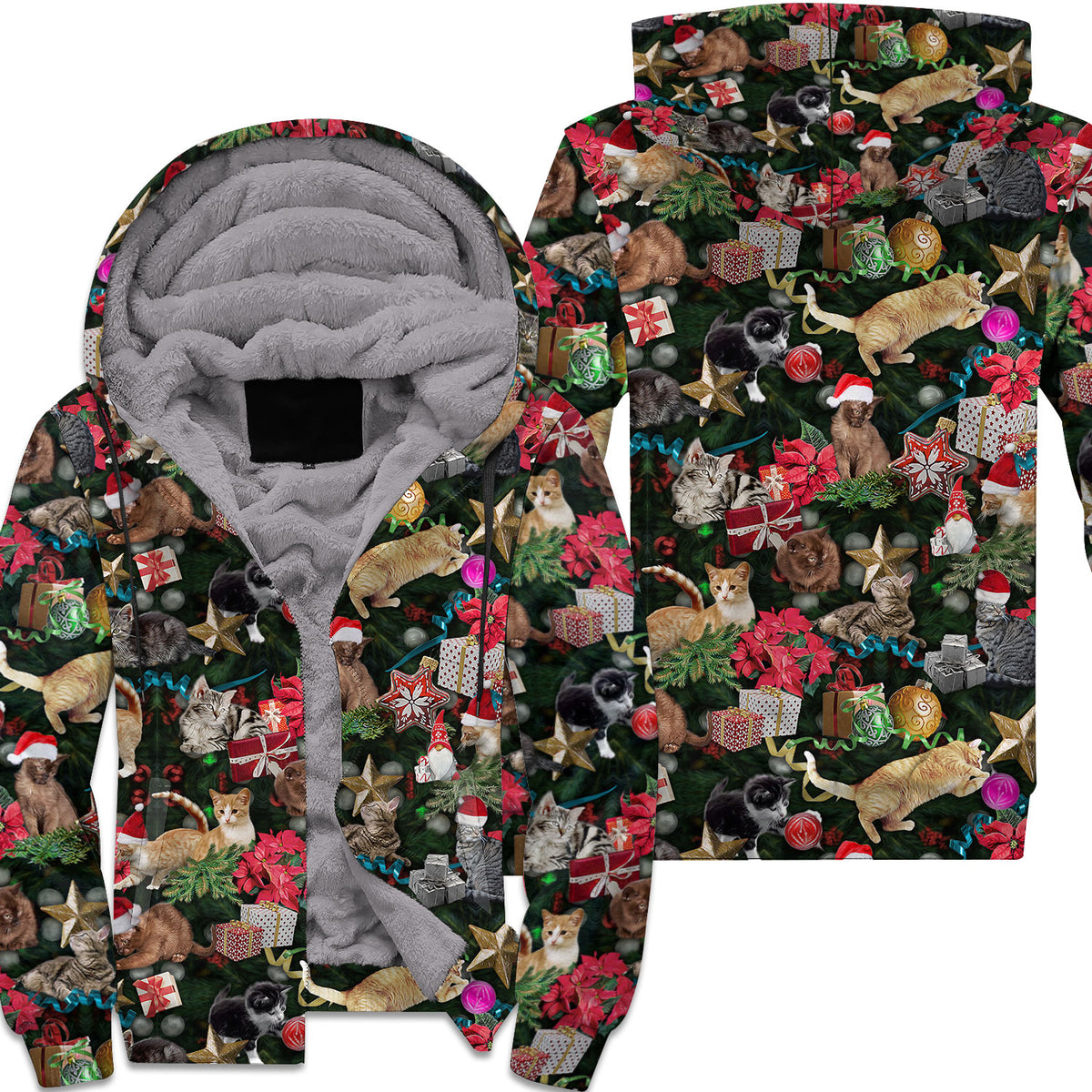 christmas cats fleece lined hooded jacket