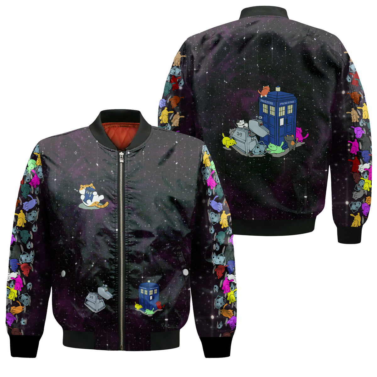 Nekos playing with a Tardis Quilted Lined Bomber Jacket