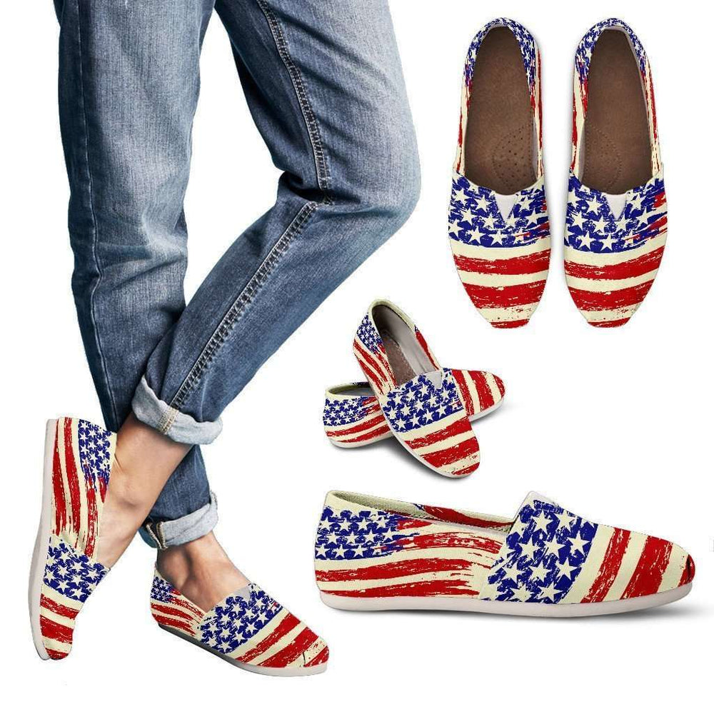Designs by MyUtopia Shout Out:4th of July Old Glory Flag Casual Canvas Slip on Shoes Women's Flats,US6 (EU36) / Red/Blue/Off-White,Slip on Flats