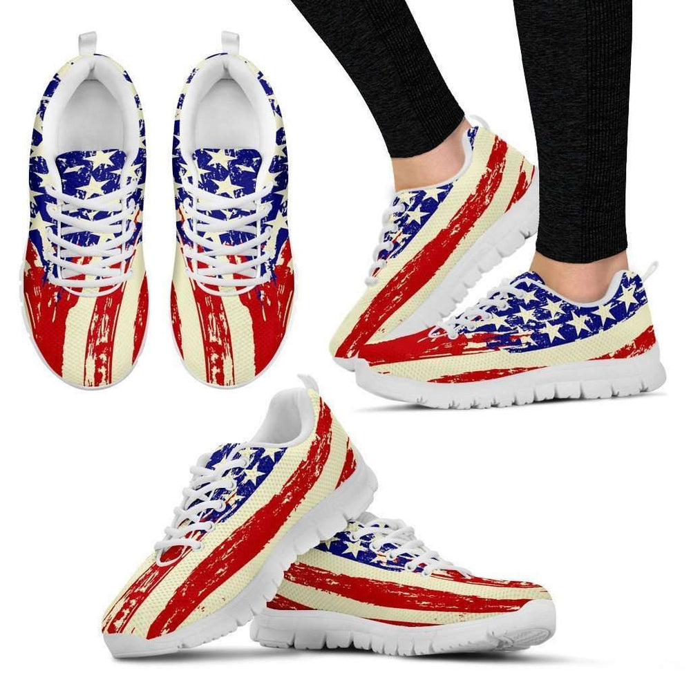 Designs by MyUtopia Shout Out:4th of July Waving U.S. Flag Running Shoes,Womens US5 (EU35) / Red/Off White/Blue,Running Shoes
