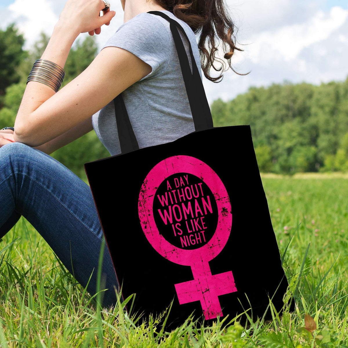 Designs by MyUtopia Shout Out:A Day Without Woman Fabric Totebag Reusable Shopping Tote