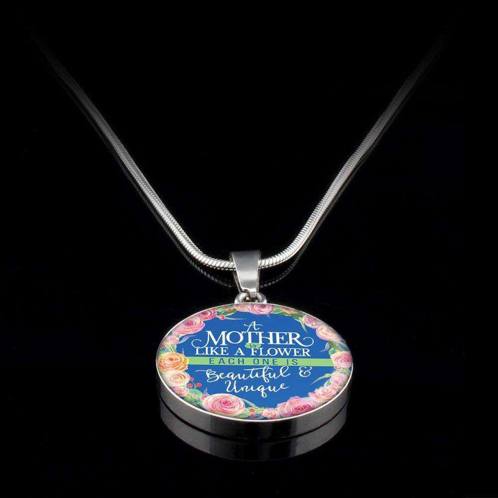 Designs by MyUtopia Shout Out:A Mother Is Like a Flower Liquid Glass Personalized Engravable Keepsake Necklace,Silver / No,Necklace