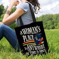 Load image into Gallery viewer, Designs by MyUtopia Shout Out:A Woman&#39;s Place Doctor Who Tardis Fabric Totebag Reusable Shopping Tote
