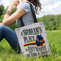 Load image into Gallery viewer, Designs by MyUtopia Shout Out:A Woman&#39;s Place Doctor Who Tardis Fabric Totebag Reusable Shopping Tote
