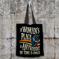 Load image into Gallery viewer, Designs by MyUtopia Shout Out:A Woman&#39;s Place Doctor Who Tardis Fabric Totebag Reusable Shopping Tote,Black,Reusable Fabric Shopping Tote Bag
