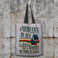 Load image into Gallery viewer, Designs by MyUtopia Shout Out:A Woman&#39;s Place Doctor Who Tardis Fabric Totebag Reusable Shopping Tote,Grey,Reusable Fabric Shopping Tote Bag
