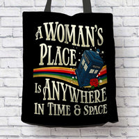 Load image into Gallery viewer, Designs by MyUtopia Shout Out:A Woman&#39;s Place Doctor Who Tardis Fabric Totebag Reusable Shopping Tote
