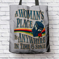 Load image into Gallery viewer, Designs by MyUtopia Shout Out:A Woman&#39;s Place Doctor Who Tardis Fabric Totebag Reusable Shopping Tote
