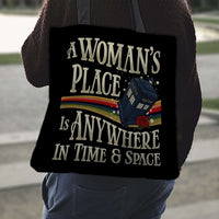 Load image into Gallery viewer, Designs by MyUtopia Shout Out:A Woman&#39;s Place Doctor Who Tardis Fabric Totebag Reusable Shopping Tote
