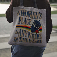 Load image into Gallery viewer, Designs by MyUtopia Shout Out:A Woman&#39;s Place Doctor Who Tardis Fabric Totebag Reusable Shopping Tote
