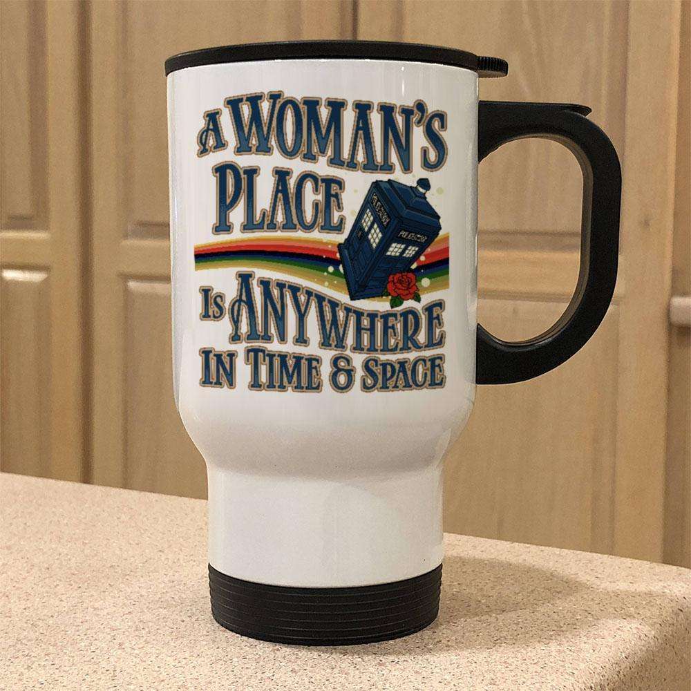 Designs by MyUtopia Shout Out:A Woman's Place Is Anywhere in Time and Space Tardis 14 oz Stainless Steel Travel Coffee Mug w. Twist Close Lid