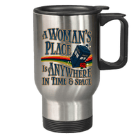 Load image into Gallery viewer, Designs by MyUtopia Shout Out:A Woman&#39;s Place Is Anywhere in Time and Space Tardis 14 oz Stainless Steel Travel Coffee Mug w. Twist Close Lid,Stainless / 14 oz,Travel Mug
