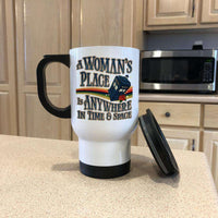 Load image into Gallery viewer, Designs by MyUtopia Shout Out:A Woman&#39;s Place Is Anywhere in Time and Space Tardis 14 oz Stainless Steel Travel Coffee Mug w. Twist Close Lid

