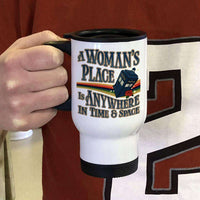 Load image into Gallery viewer, Designs by MyUtopia Shout Out:A Woman&#39;s Place Is Anywhere in Time and Space Tardis 14 oz Stainless Steel Travel Coffee Mug w. Twist Close Lid

