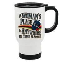 Load image into Gallery viewer, Designs by MyUtopia Shout Out:A Woman&#39;s Place Is Anywhere in Time and Space Tardis 14 oz Stainless Steel Travel Coffee Mug w. Twist Close Lid,White / 14 oz,Travel Mug
