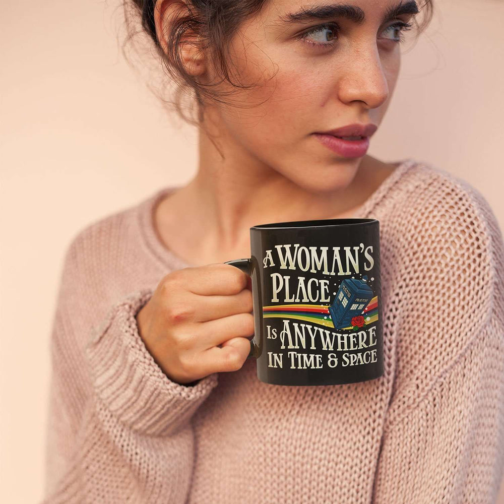 Designs by MyUtopia Shout Out:A Woman's Place Is Anywhere in Time and Space Tardis Black Coffee Mug