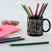 Load image into Gallery viewer, Designs by MyUtopia Shout Out:A Woman&#39;s Place Is Anywhere in Time and Space Tardis Black Coffee Mug
