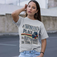 Load image into Gallery viewer, Designs by MyUtopia Shout Out:A Woman&#39;s Place Is Anywhere In Time and Space Tardis Doctor Who Adult Unisex T-Shirt
