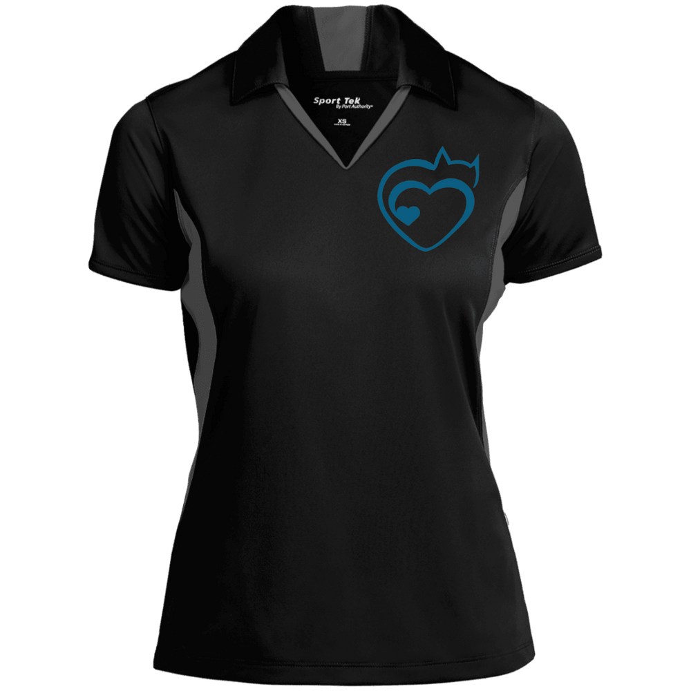 Designs by MyUtopia Shout Out:Abstract Cat Love Embroidered Performance Polo Shirt,LST655 Sport-Tek Ladies' Colorblock Performance Polo / Black/Iron Grey / X-Small,Polo Shirts