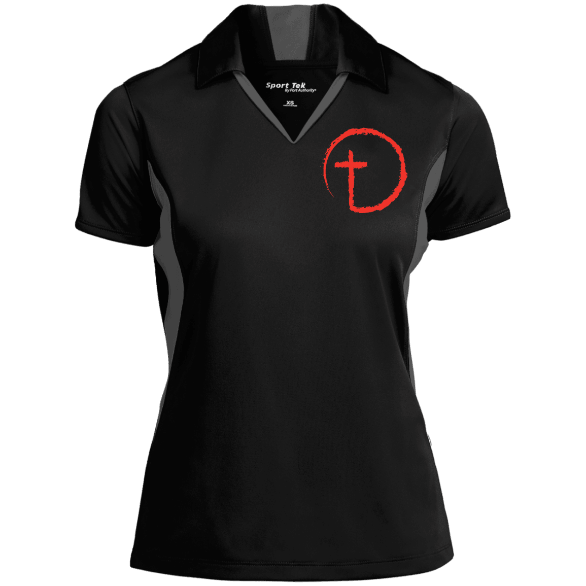 Designs by MyUtopia Shout Out:Abstract Circle Cross Embroidered Performance Polo Shirt,LST655 Sport-Tek Ladies' Colorblock Performance Polo / Black/Iron Grey / X-Small,Polo Shirts