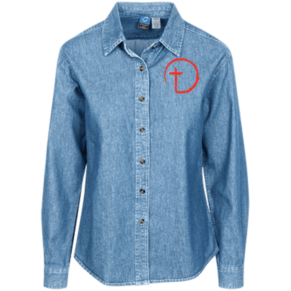 Designs by MyUtopia Shout Out:Abstract Cross Circle Embrodered Women's Long Sleeve Denim Shirt,X-Small / Faded Blue,Dress Shirts
