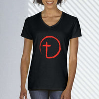 Load image into Gallery viewer, Designs by MyUtopia Shout Out:Abstract Cross Circle Ladies&#39; V-Neck T-Shirt,Black / S,Ladies T-Shirts
