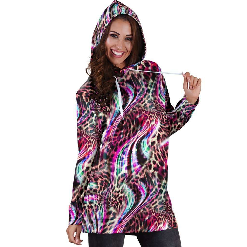 Designs by MyUtopia Shout Out:Abstract Leopard Rainbow Print Extra Long Ladies Hoodie