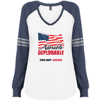 Load image into Gallery viewer, Designs by MyUtopia Shout Out:Adorable Deplorable Trump 2020 Ladies&#39; Long Sleeve V-Neck Game T-Shirt,White/True Heathered Navy / X-Small,Long Sleeve T-Shirts
